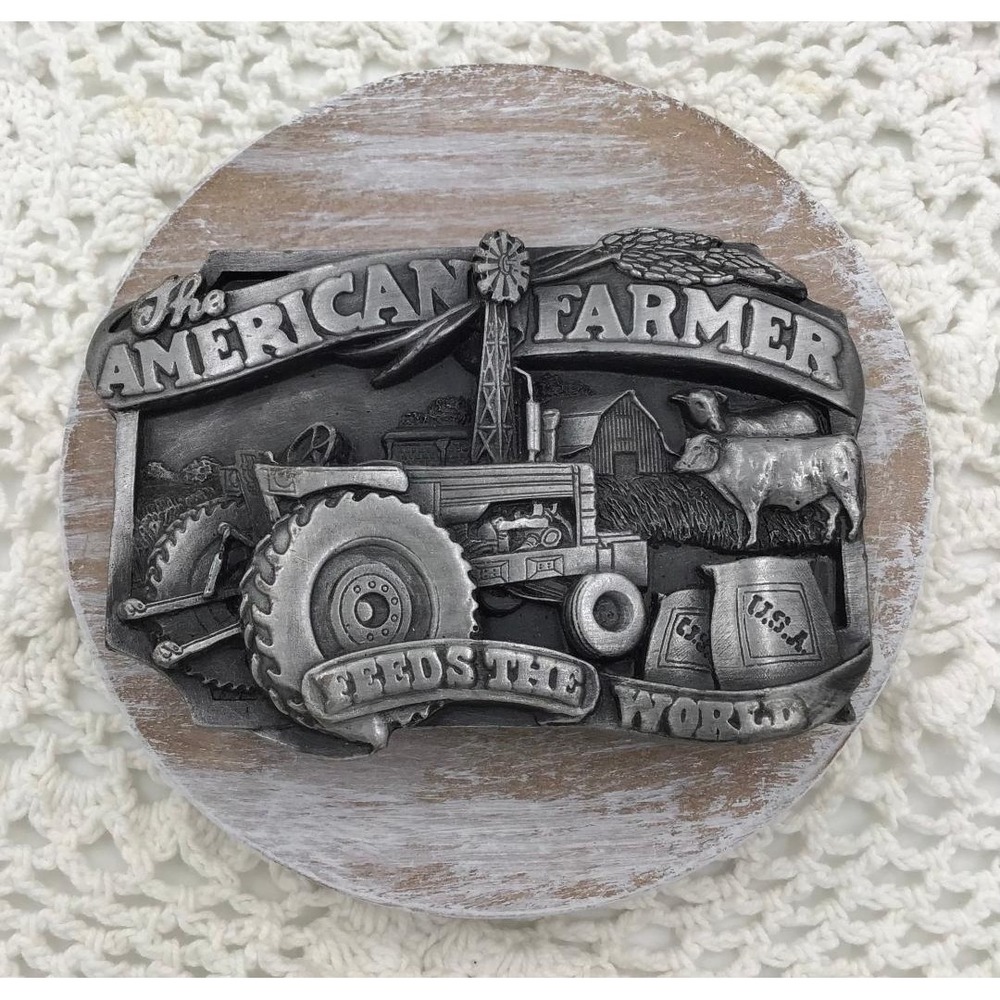 Vintage The American Farmer Feeds The World 1989 Pewter Belt Buckle Americana